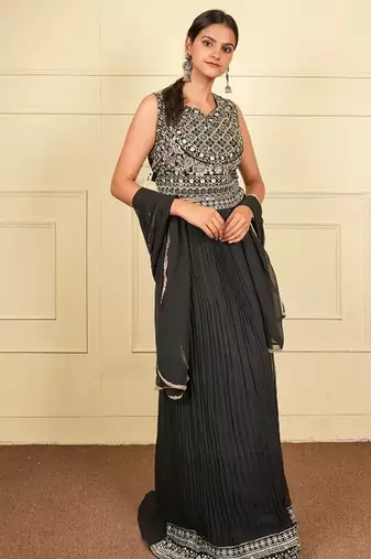 Black soft georgette intricate threadwork free size co ord set