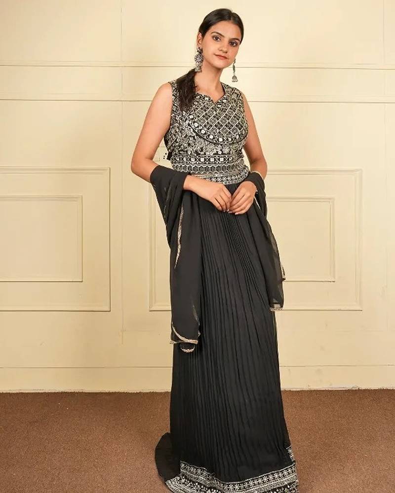 Black soft georgette intricate threadwork free size co ord set