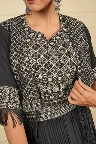 Black soft georgette intricate threadwork free size co ord set
