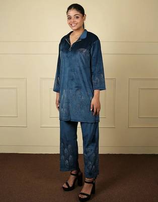 Teal blue velvet supersoft sarwoski free size co ord set 2
