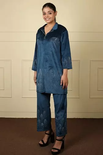 Teal blue velvet supersoft sarwoski free size co ord set