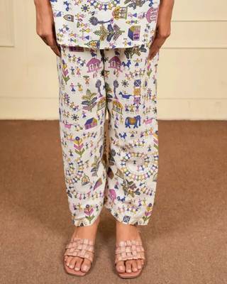 White cotton blend digital work free size co ord set 2