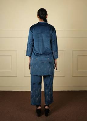 Teal blue velvet supersoft sarwoski free size co ord set 3