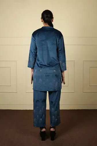 Teal blue velvet supersoft sarwoski free size co ord set