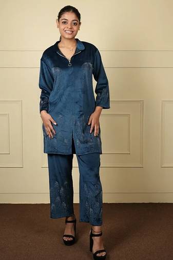 Teal blue velvet supersoft sarwoski free size co ord set