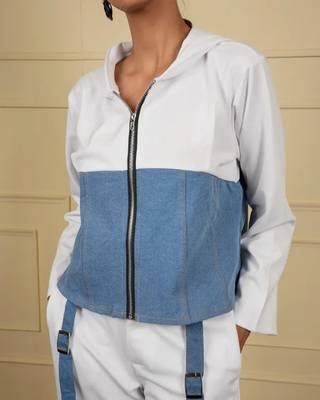 White denim blue stretchable fabric zipper free size co ord set 4