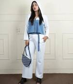 White denim blue stretchable fabric zipper free size co ord set
