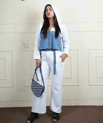 White denim blue stretchable fabric zipper free size co ord set 5