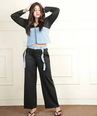 Black denim blue stretchable fabric zipper free size co ord set 5
