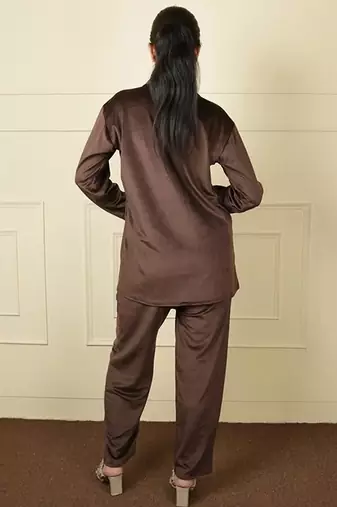 Brown velvet supersoft strecthable sarwoski embroidery pattern free size co ord set