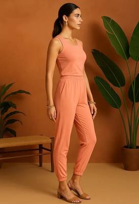 Peach cotton blend solid color finish with clean stitch free size co ord set 4
