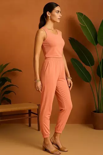 Peach cotton blend solid color finish with clean stitch free size co ord set