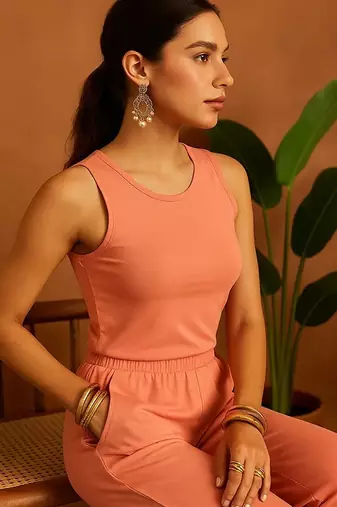 Peach cotton blend solid color finish with clean stitch free size co ord set