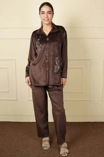 Brown velvet supersoft strecthable sarwoski embroidery pattern free size co ord set
