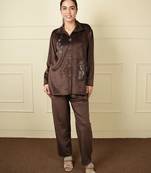 Brown velvet supersoft strecthable sarwoski embroidery pattern free size co ord set