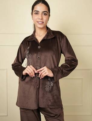 Brown velvet supersoft strecthable sarwoski embroidery pattern free size co ord set 4