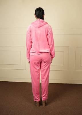 Pink velvet supersoft strecthable fabric zipper with hoddie pattern free size co ord set 3