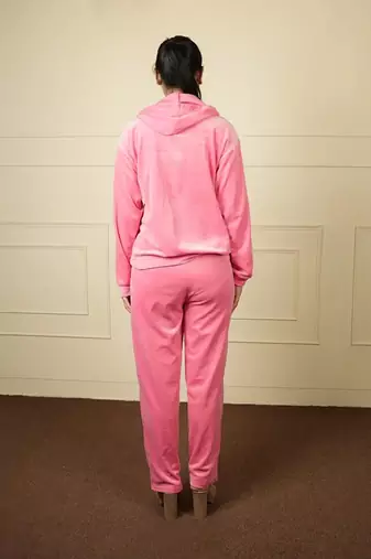 Pink velvet supersoft strecthable fabric zipper with hoddie pattern free size co ord set
