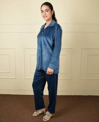 Royal blue velvet supersoft strecthable sarwoski embroidery pattern free size co ord set 2