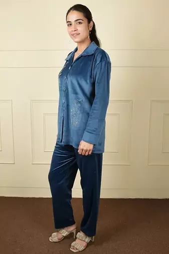 Royal blue velvet supersoft strecthable sarwoski embroidery pattern free size co ord set