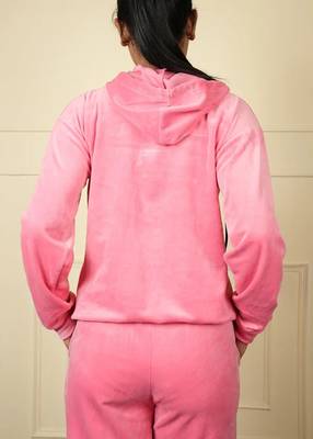 Pink velvet supersoft strecthable fabric zipper with hoddie pattern free size co ord set 4