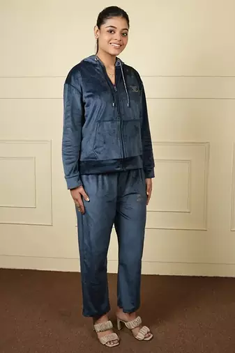 Royal blue velvet supersoft strecthable fabric zipper with hoddie pattern free size co ord set
