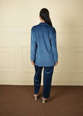 Royal blue velvet supersoft strecthable sarwoski embroidery pattern free size co ord set 3