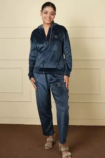 Royal blue velvet supersoft strecthable fabric zipper with hoddie pattern free size co ord set