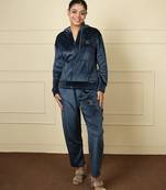 Royal blue velvet supersoft strecthable fabric zipper with hoddie pattern free size co ord set