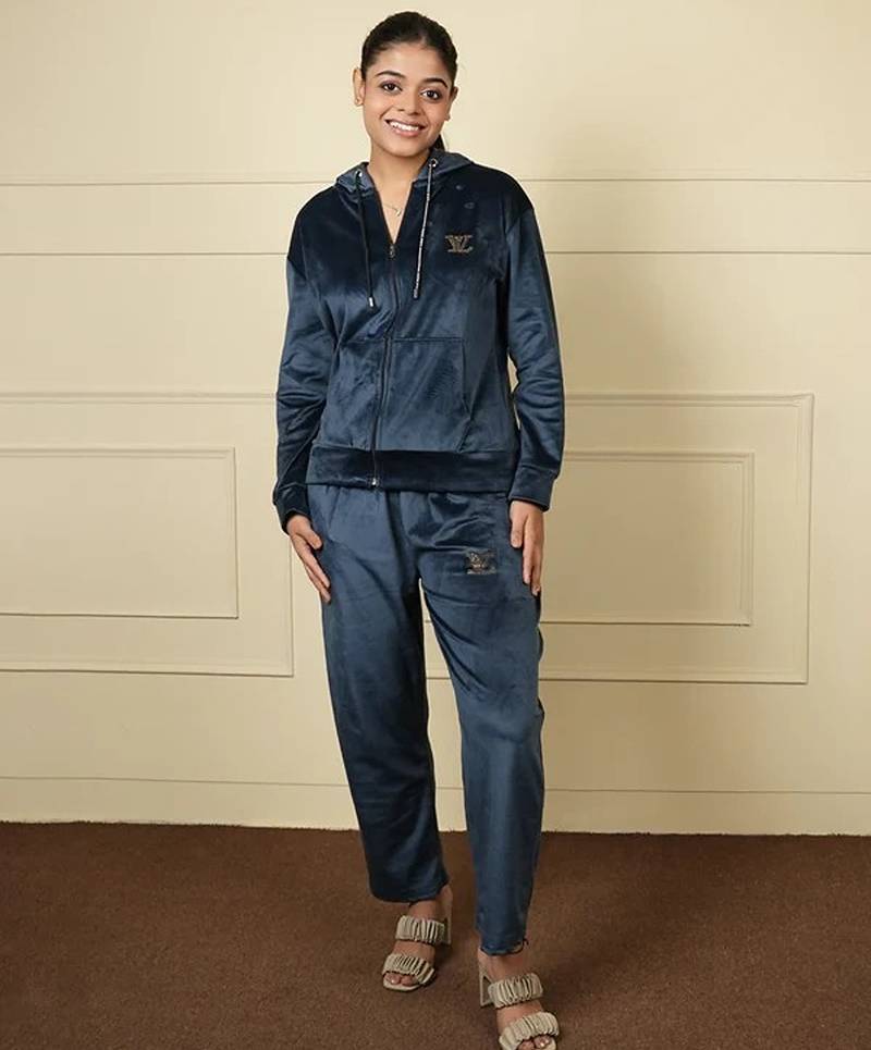 Royal blue velvet supersoft strecthable fabric zipper with hoddie pattern free size co ord set