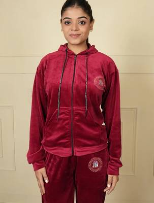 Mehroon velvet supersoft strecthable fabric zipper with hoddie pattern free size co ord set 4