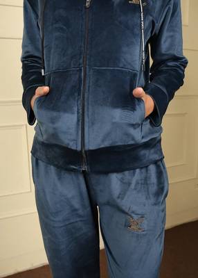 Royal blue velvet supersoft strecthable fabric zipper with hoddie pattern free size co ord set 4