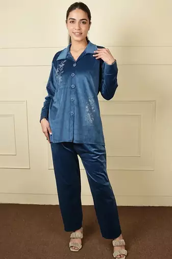 Royal blue velvet supersoft strecthable sarwoski embroidery pattern free size co ord set