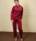 Mehroon velvet supersoft strecthable fabric zipper with hoddie pattern free size co ord set