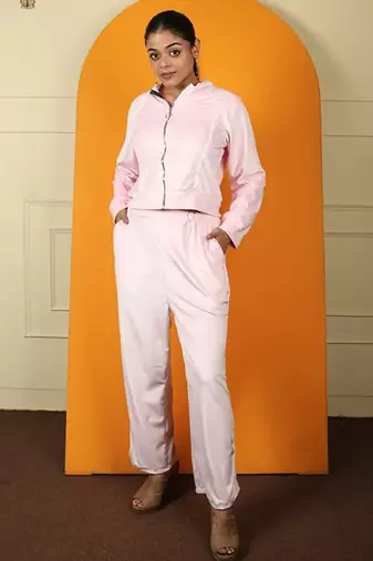 Pink velvet supersoft zipper free size co ord set
