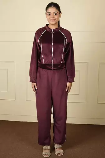 Wine velvet supersoft zipper free size co ord set