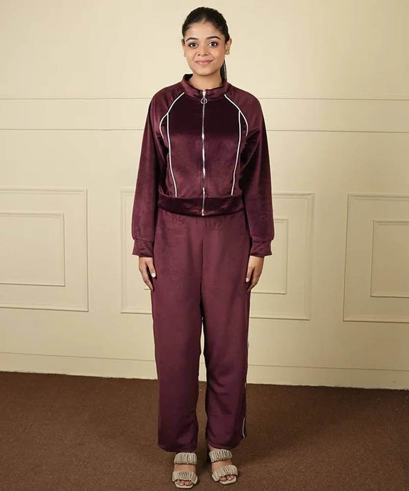 Wine velvet supersoft zipper free size co ord set