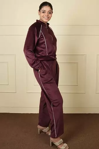 Wine velvet supersoft zipper free size co ord set