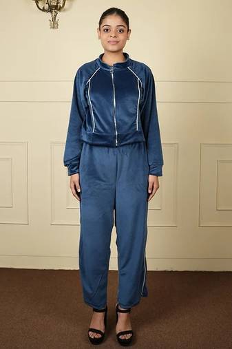 Teal blue velvet supersoft zipper free size co ord set