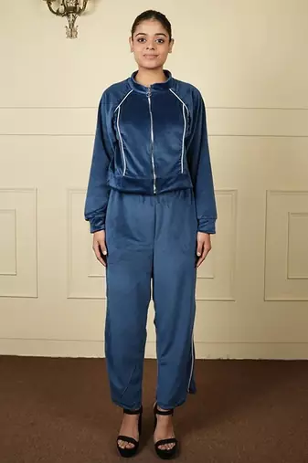 Teal blue velvet supersoft zipper free size co ord set