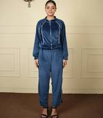 Teal blue velvet supersoft zipper free size co ord set
