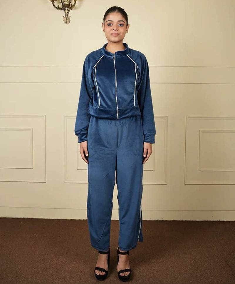 Teal blue velvet supersoft zipper free size co ord set