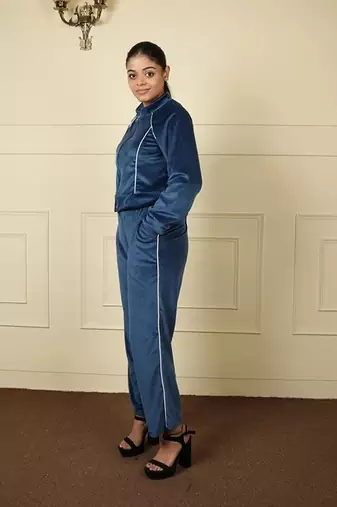 Teal blue velvet supersoft zipper free size co ord set