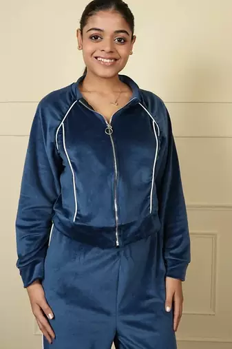 Teal blue velvet supersoft zipper free size co ord set