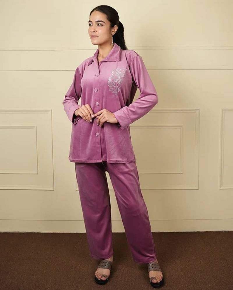 Pink velvet sarwoski embroidery pattern free size co ord set