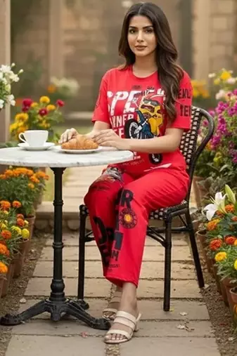 Red poly cotton blend multi colour sporty free size co ord set