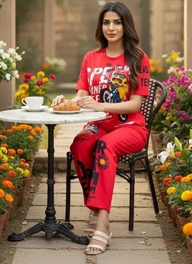 Red poly cotton blend multi colour sporty free size co ord set