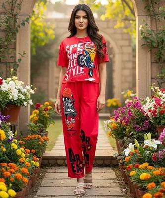 Red poly cotton blend multi colour sporty free size co ord set 1