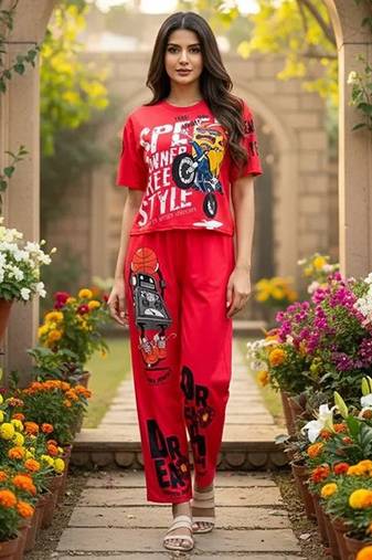 Red poly cotton blend multi colour sporty free size co ord set