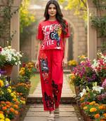 Red poly cotton blend multi colour sporty free size co ord set